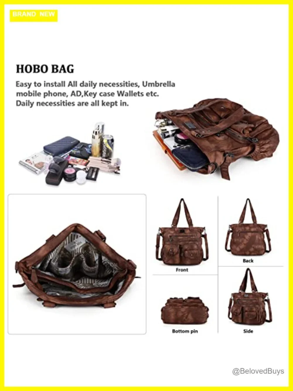 Washed PU Leather Hobo Bag Soft Satchel Shoulder Crossbody Tote